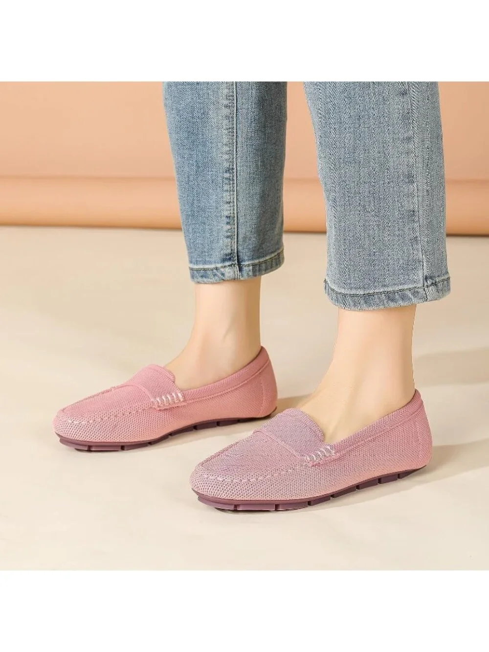 🆕Women's Light Pink Mesh fabric Loafer Shoes Comfortable Casual Flat Shoes